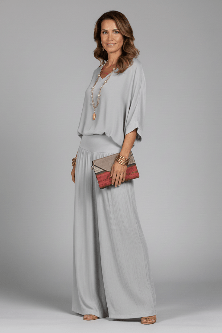 Women's V-Neck Wide Leg Set featuring Batwing Sleeves, perfect for casual wear, available in various colors, made from lightweight fabric for comfort and 5