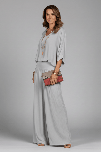Women's V-Neck Wide Leg Set featuring Batwing Sleeves, perfect for casual wear, available in various colors, made from lightweight fabric for comfort and 5
