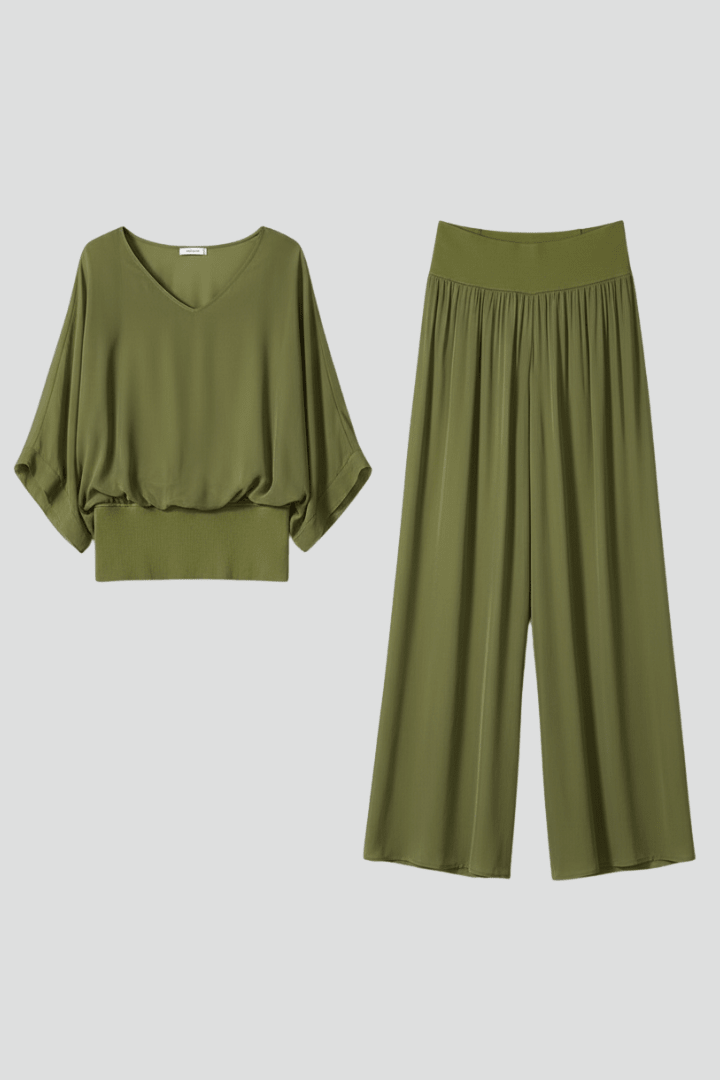 Women's V-Neck Wide Leg Set featuring Batwing Sleeves, perfect for casual wear, available in various colors, made from lightweight fabric for comfort and 1