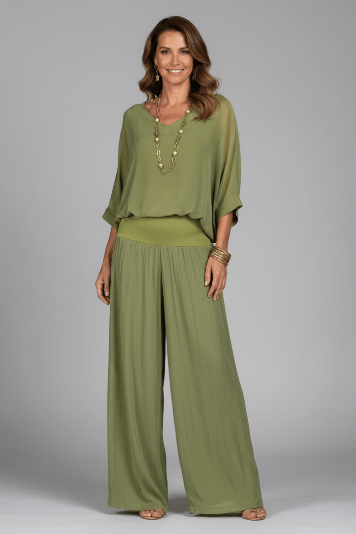 Women's V-Neck Wide Leg Set featuring Batwing Sleeves, perfect for casual wear, available in various colors, made from lightweight fabric for comfort and 0