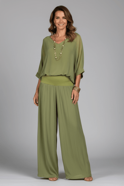 Women's V-Neck Wide Leg Set featuring Batwing Sleeves, perfect for casual wear, available in various colors, made from lightweight fabric for comfort and 0