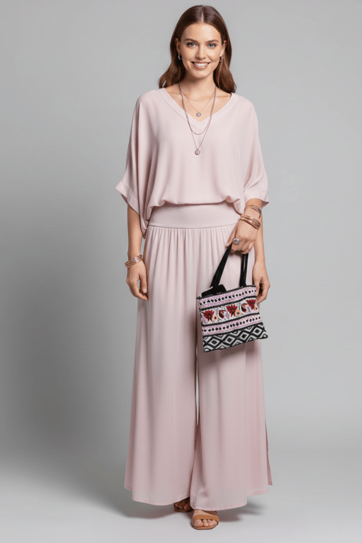 Women's V-Neck Wide Leg Set featuring Batwing Sleeves, perfect for casual wear, available in various colors, made from lightweight fabric for comfort and 11