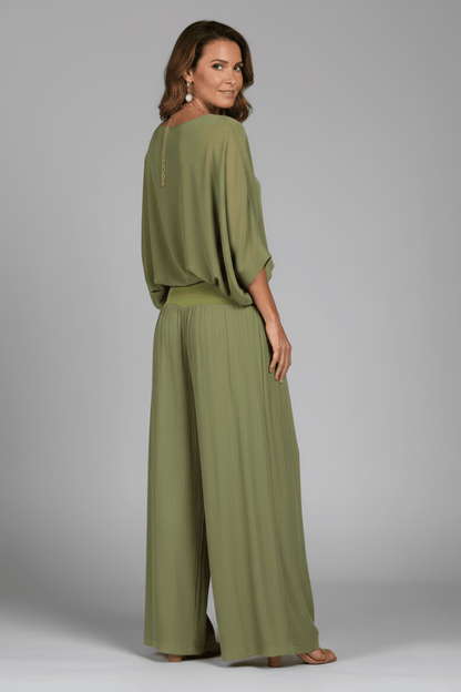 Women's V-Neck Wide Leg Set featuring Batwing Sleeves, perfect for casual wear, available in various colors, made from lightweight fabric for comfort and 4
