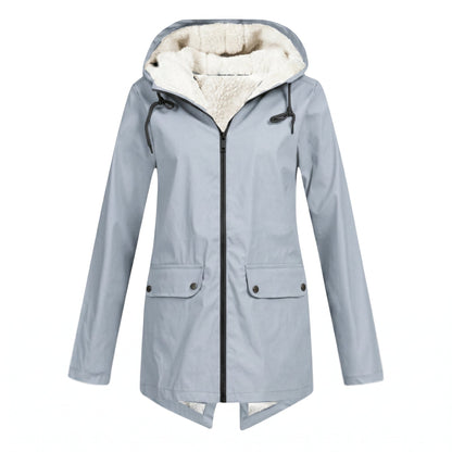 Women's waterproof rain jacket featuring an adjustable hood, designed for windproof and breathable comfort, perfect for everyday wear in all weather conditions. 2