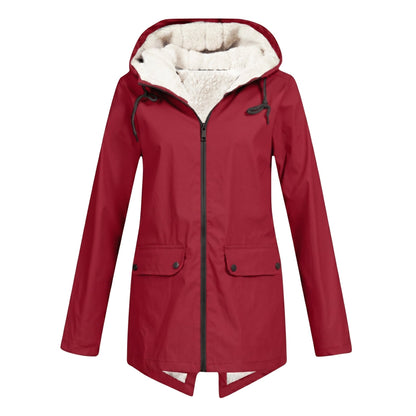 Women's waterproof rain jacket featuring an adjustable hood, designed for windproof and breathable comfort, perfect for everyday wear in all weather conditions. 0