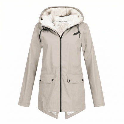 Women's waterproof rain jacket featuring an adjustable hood, designed for windproof and breathable comfort, perfect for everyday wear in all weather conditions. 3
