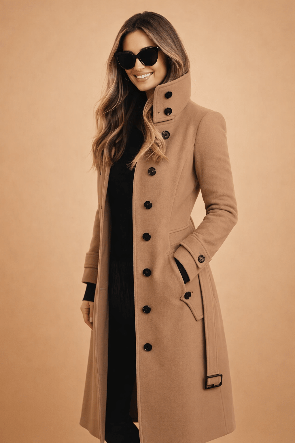 Womens winter coat featuring a high stand-up collar, elegant double-breasted design, and made from a warm wool blend, perfect for chilly weather 1