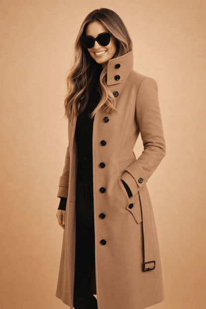 Womens winter coat featuring a high stand-up collar, elegant double-breasted design, and made from a warm wool blend, perfect for chilly weather 1