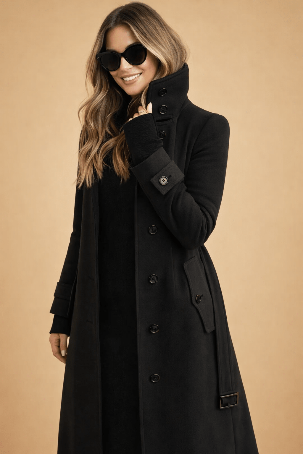 Womens winter coat featuring a high stand-up collar, elegant double-breasted design, and made from a warm wool blend, perfect for chilly weather 2