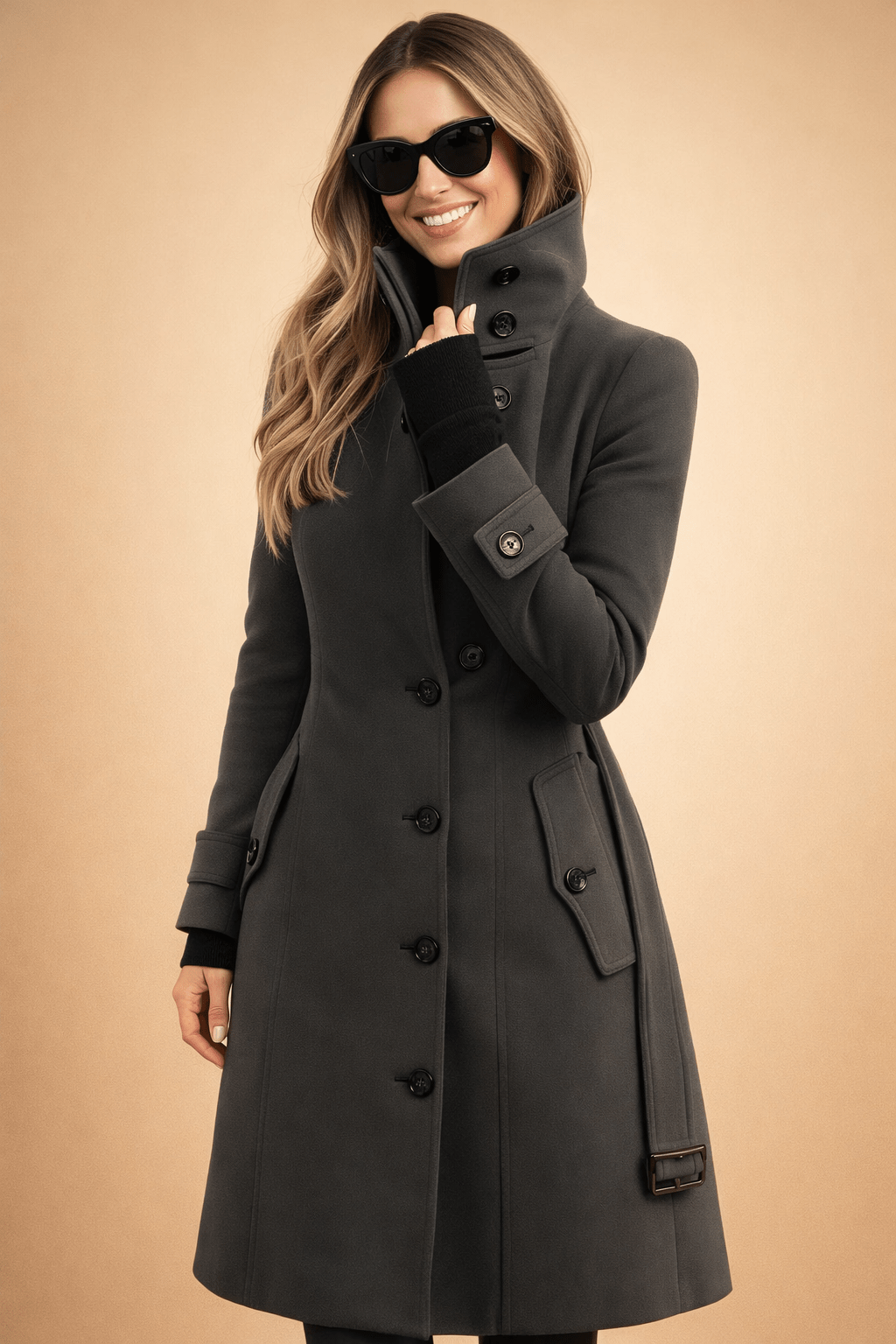 Womens winter coat featuring a high stand-up collar, elegant double-breasted design, and made from a warm wool blend, perfect for chilly weather 3