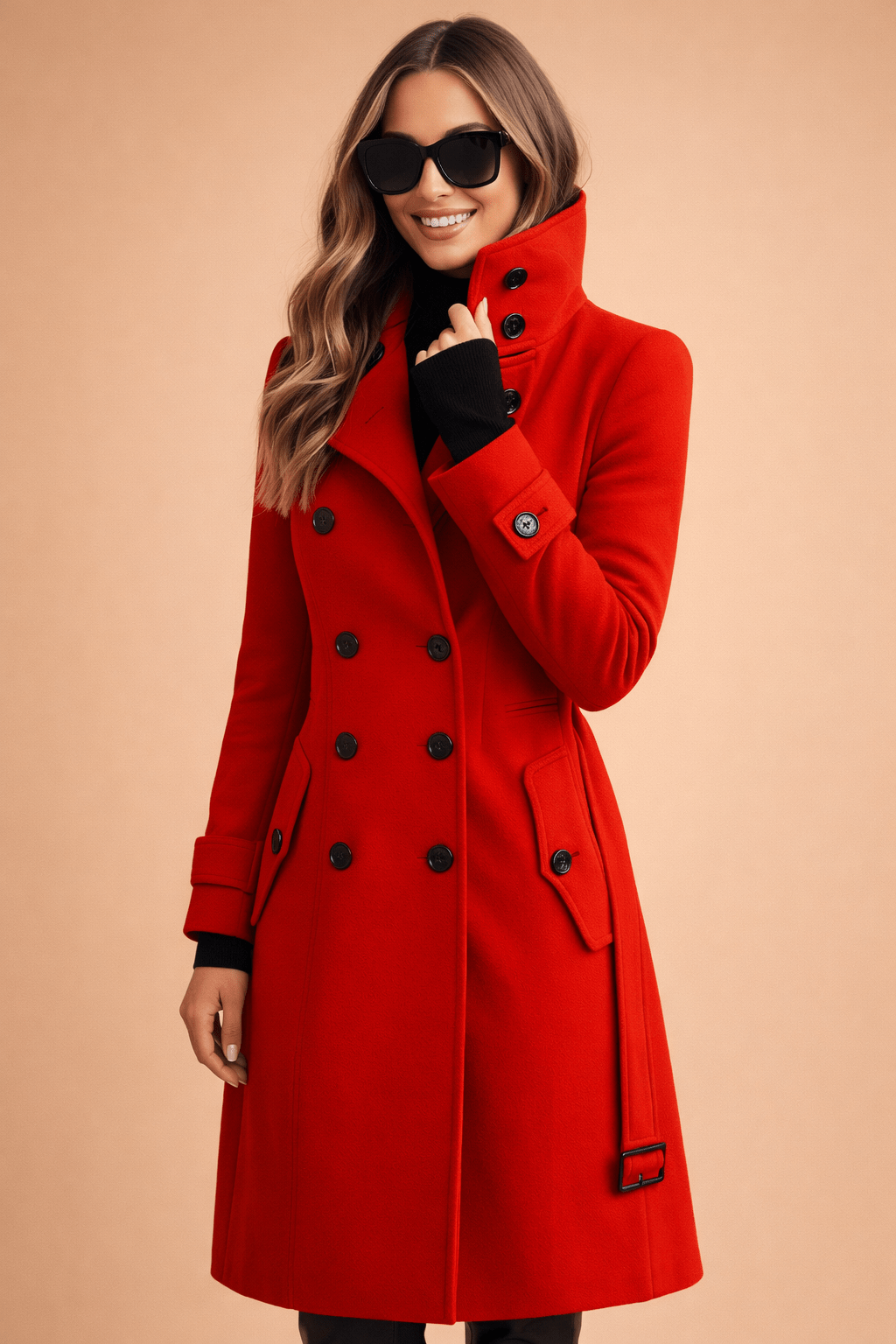 Womens winter coat featuring a high stand-up collar, elegant double-breasted design, and made from a warm wool blend, perfect for chilly weather 0