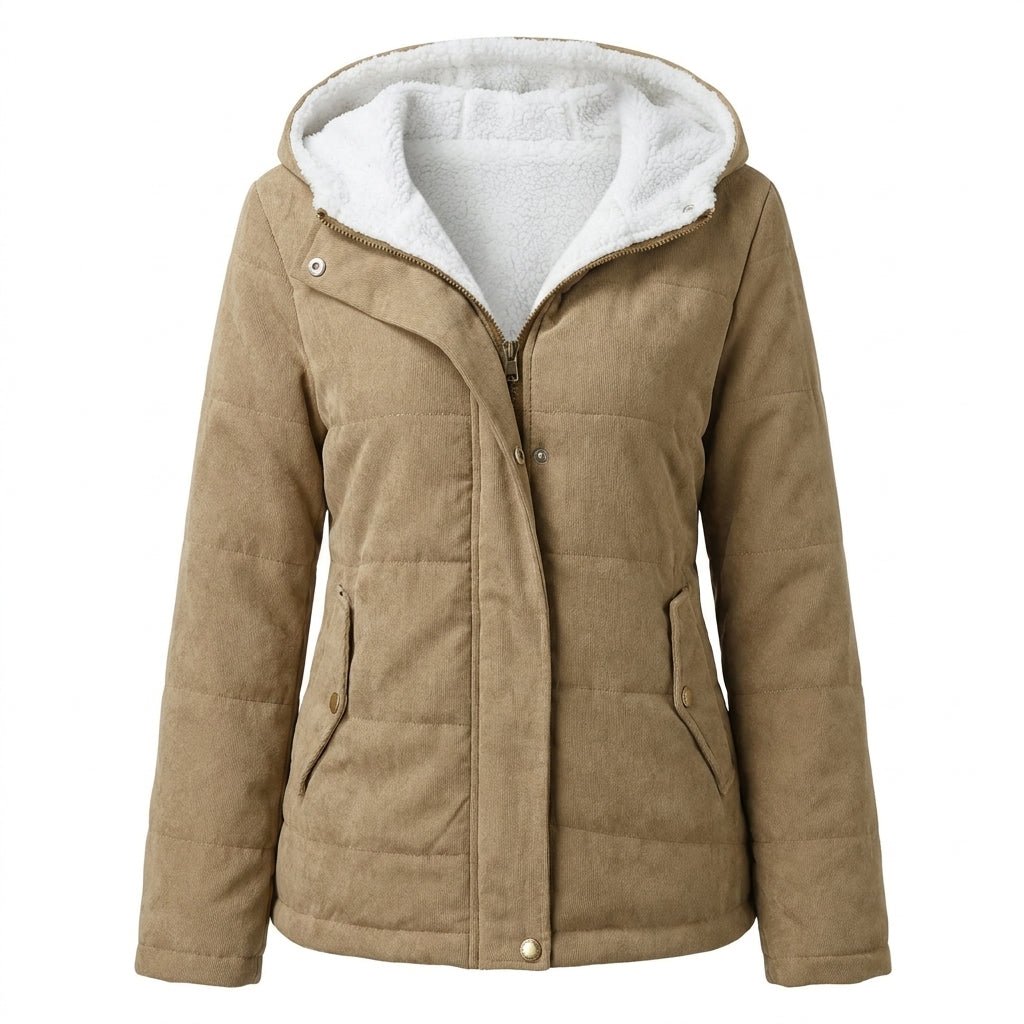 Women's winter jacket featuring a plush lining, structured hood, and zip-up design, perfect for keeping warm in cold weather. 3