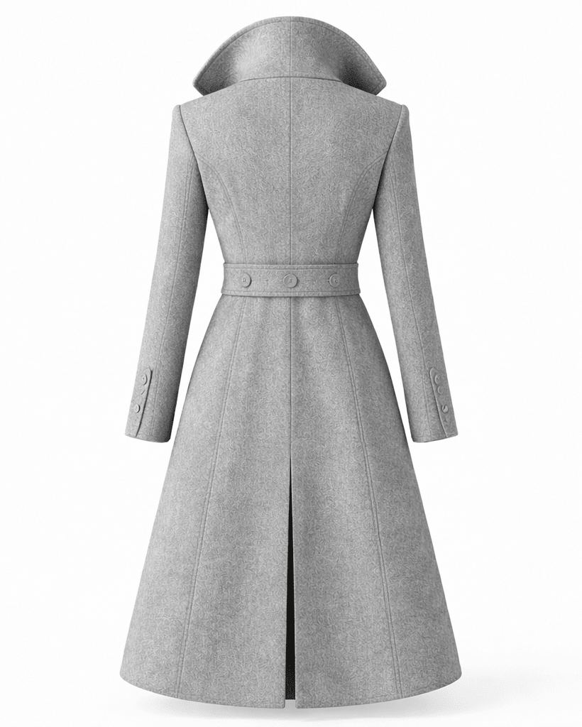 Women's wool coat featuring a classic folded collar, designed for tailored winter styling and versatility in cold weather fashion. 8
