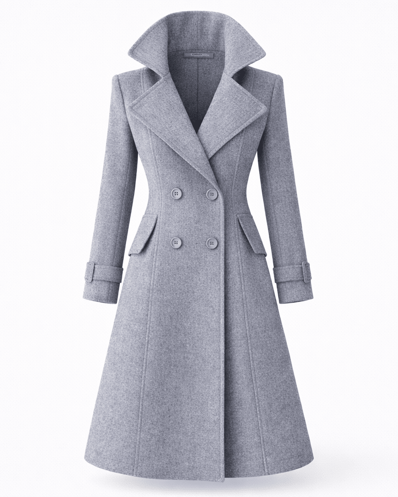 Women's wool coat featuring a classic folded collar, designed for tailored winter styling and versatility in cold weather fashion. 10