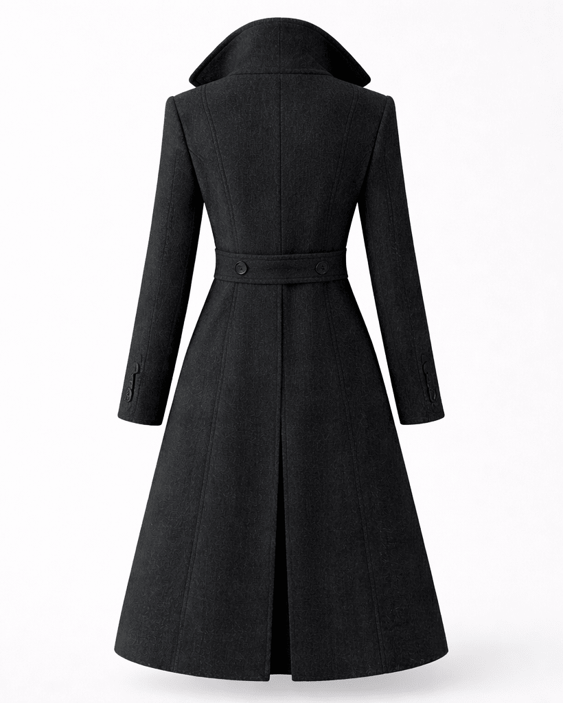 Women's wool coat featuring a classic folded collar, designed for tailored winter styling and versatility in cold weather fashion. 2