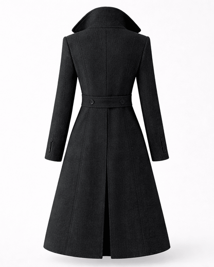 Women's wool coat featuring a classic folded collar, designed for tailored winter styling and versatility in cold weather fashion. 2