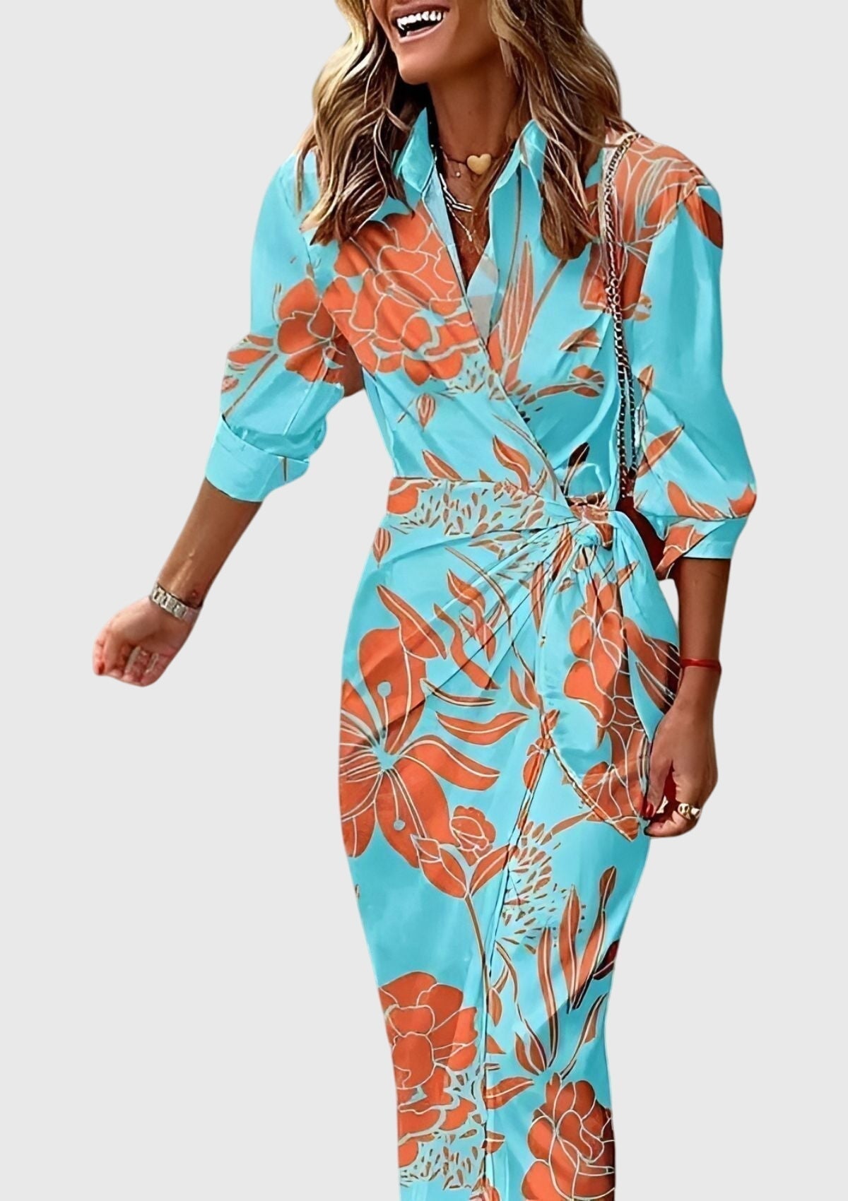Elegant plus size women's wrap dress featuring an adjustable fit and modern print, perfect for summer outings and special occasions. 9