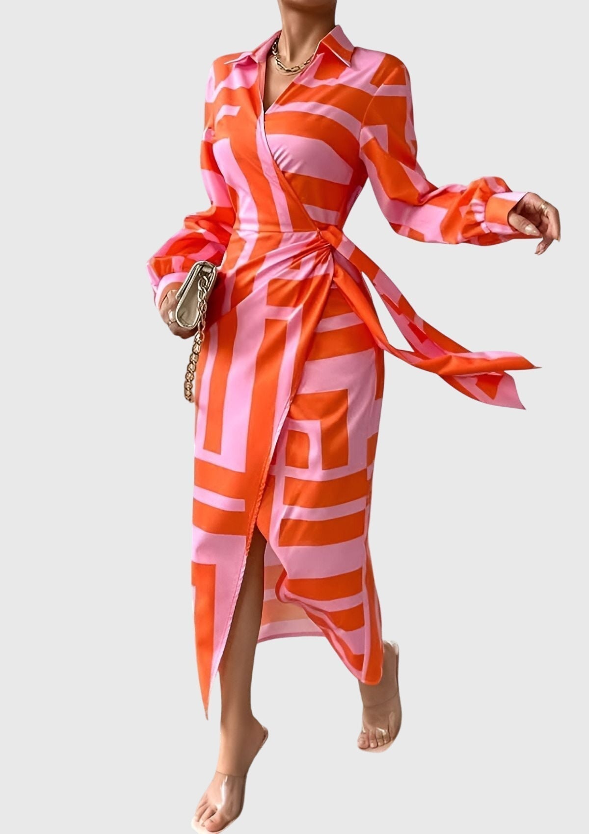Elegant plus size women's wrap dress featuring an adjustable fit and modern print, perfect for summer outings and special occasions. 1