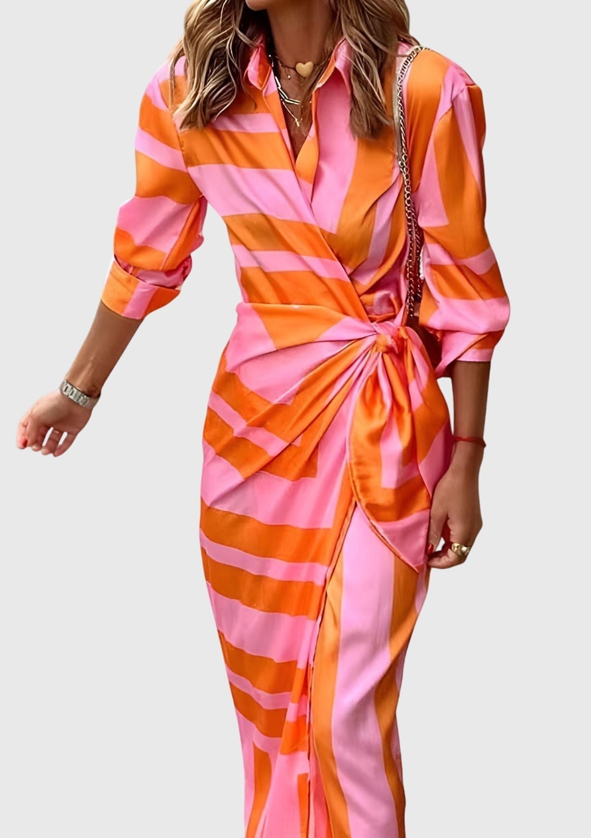 Elegant plus size women's wrap dress featuring an adjustable fit and modern print, perfect for summer outings and special occasions. 0