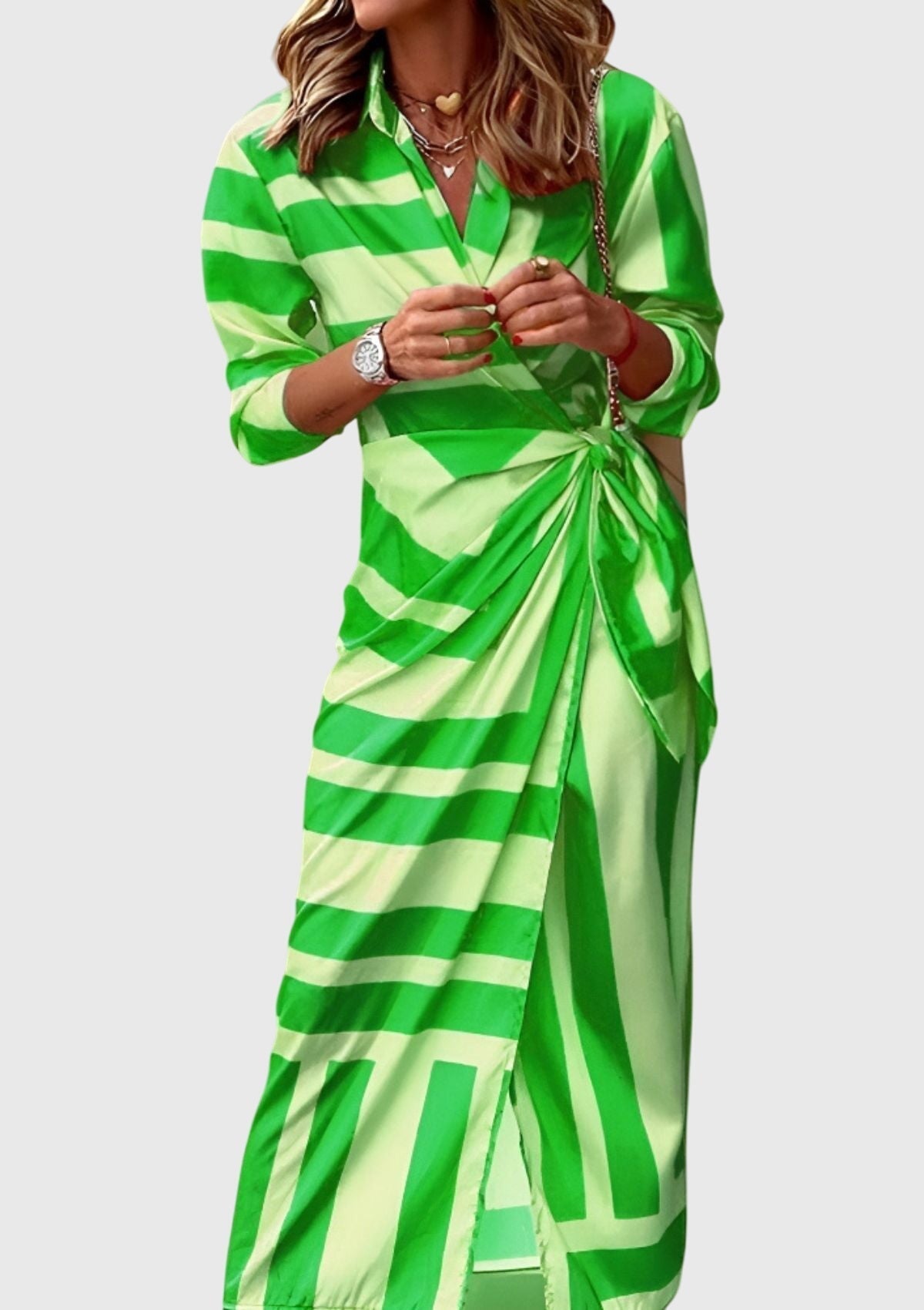 Elegant plus size women's wrap dress featuring an adjustable fit and modern print, perfect for summer outings and special occasions. 8