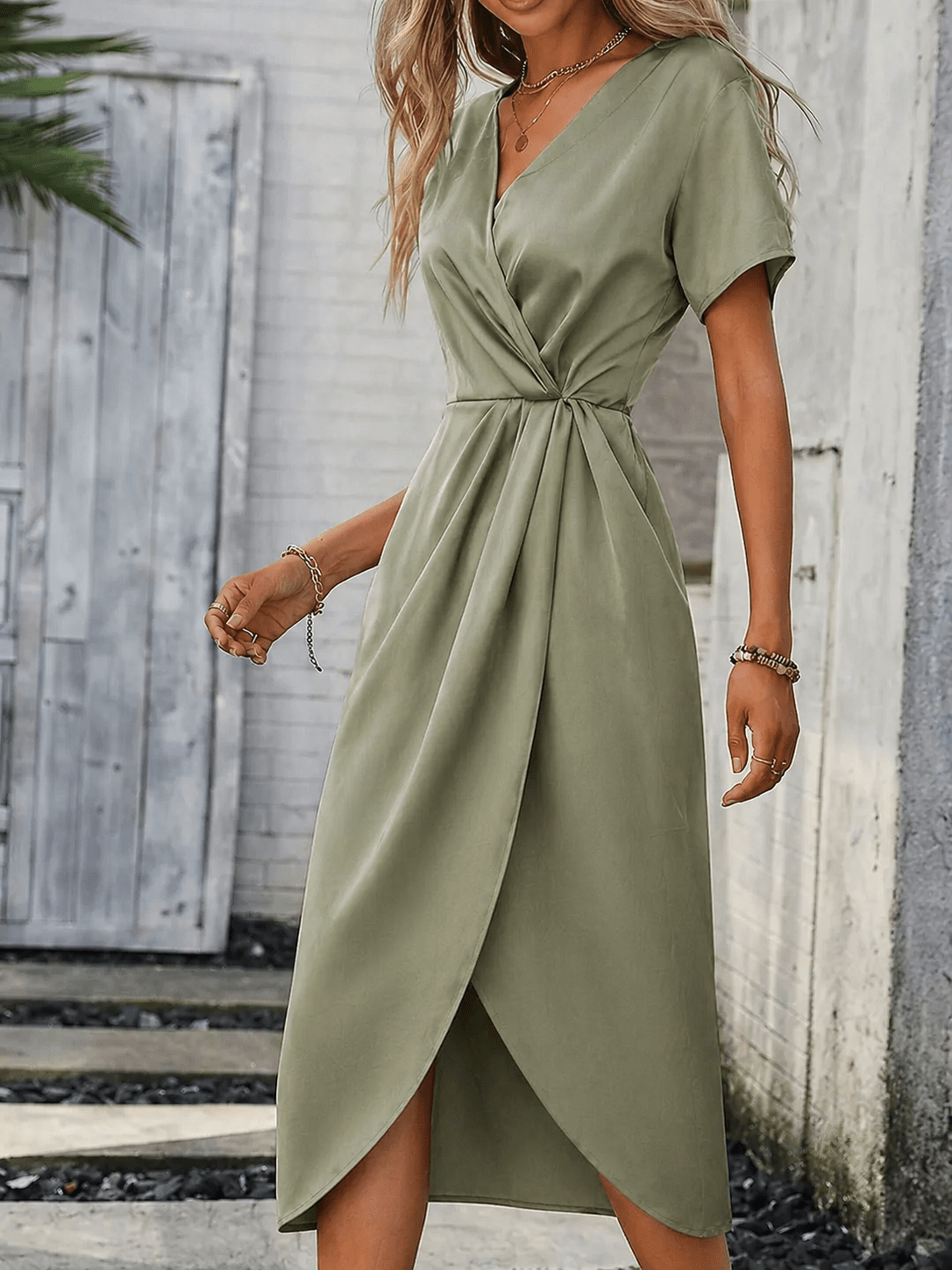Women's wrap midi dress featuring a self-tie waist and stylish side split, perfect for an elegant summer look. 4