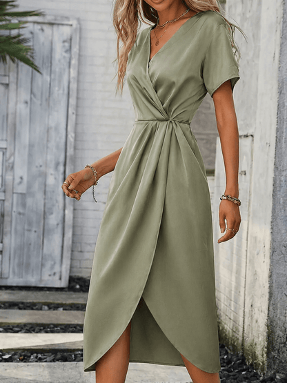Women's wrap midi dress featuring a self-tie waist and stylish side split, perfect for an elegant summer look. 4