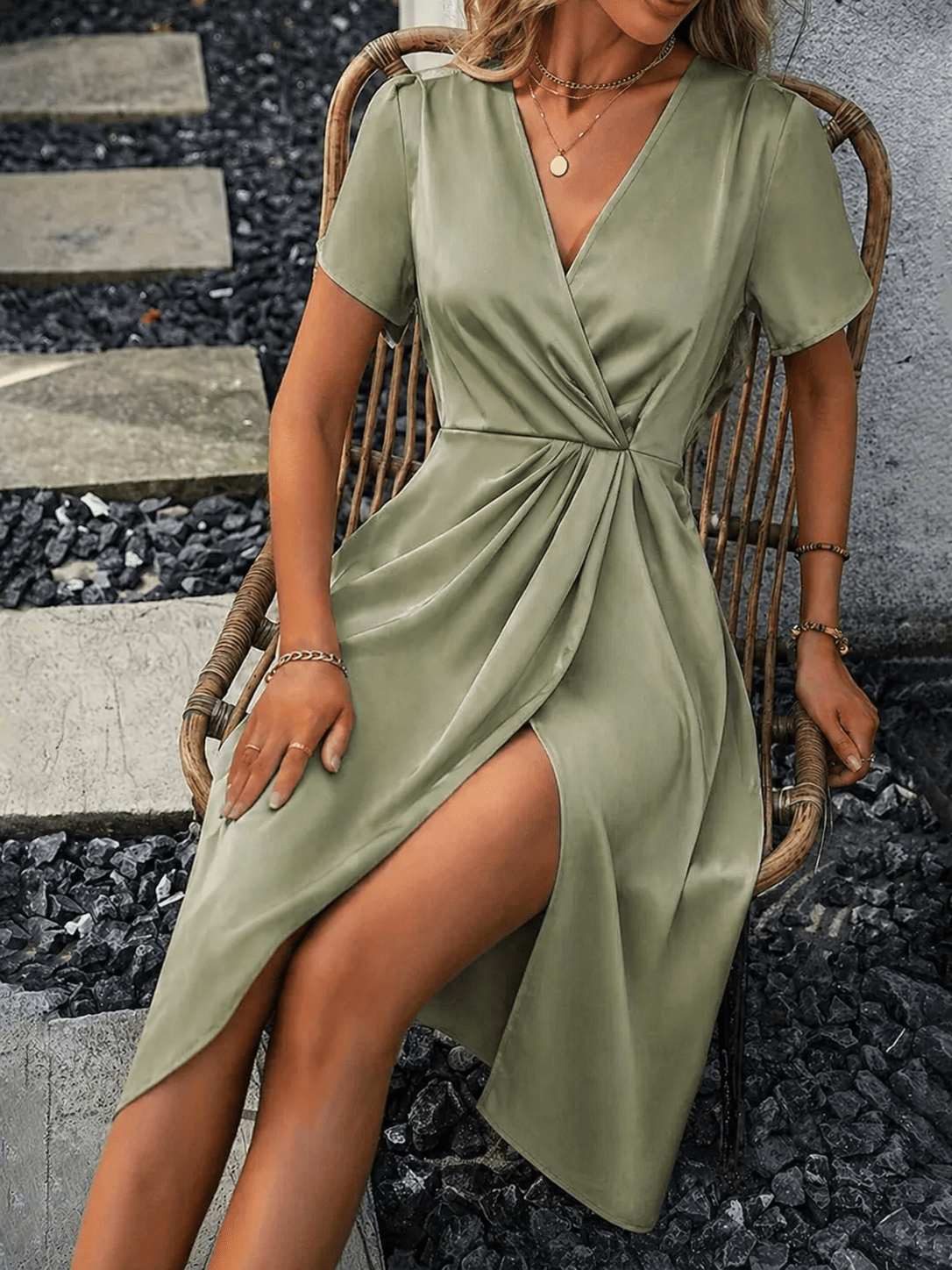 Women's wrap midi dress featuring a self-tie waist and stylish side split, perfect for an elegant summer look. 3
