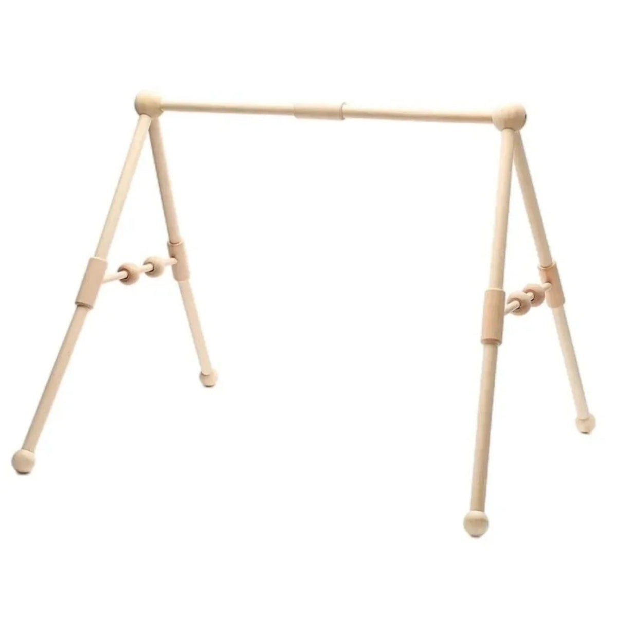 Wooden baby play gym featuring a natural wood minimalist design, equipped with colorful sensory toys for newborn and infant development. 4