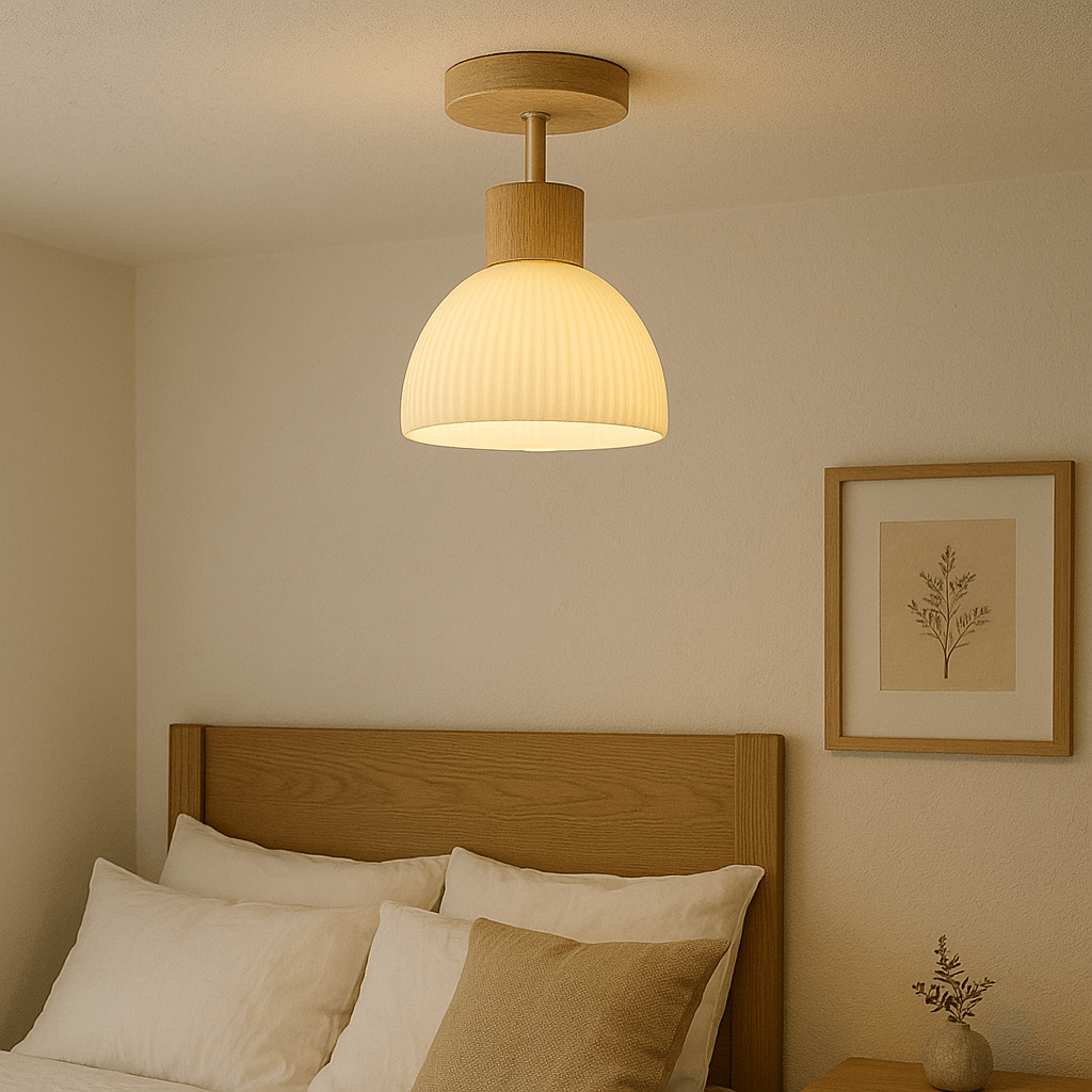 Wooden ceiling lamp featuring a Scandinavian design with LED light emitting a warm white glow, measuring Ø46cm. 0