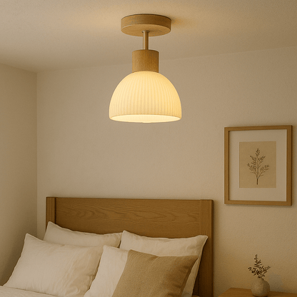 Wooden ceiling lamp featuring a Scandinavian design with LED light emitting a warm white glow, measuring Ø46cm. 0