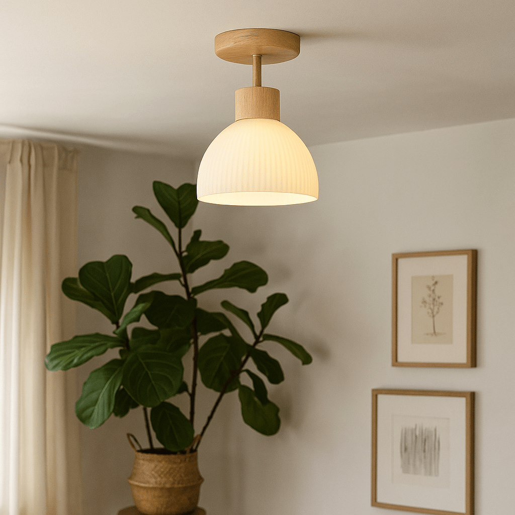 Wooden ceiling lamp featuring a Scandinavian design with LED light emitting a warm white glow, measuring Ø46cm. 1