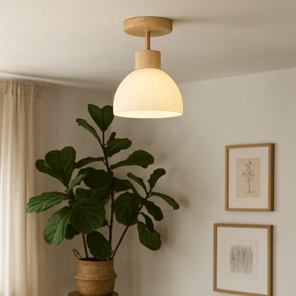 Wooden ceiling lamp featuring a Scandinavian design with LED light emitting a warm white glow, measuring Ø46cm. 1