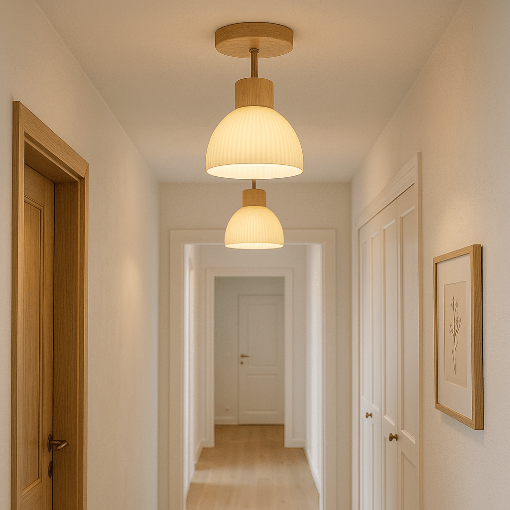 Wooden ceiling lamp featuring a Scandinavian design with LED light emitting a warm white glow, measuring Ø46cm. 2