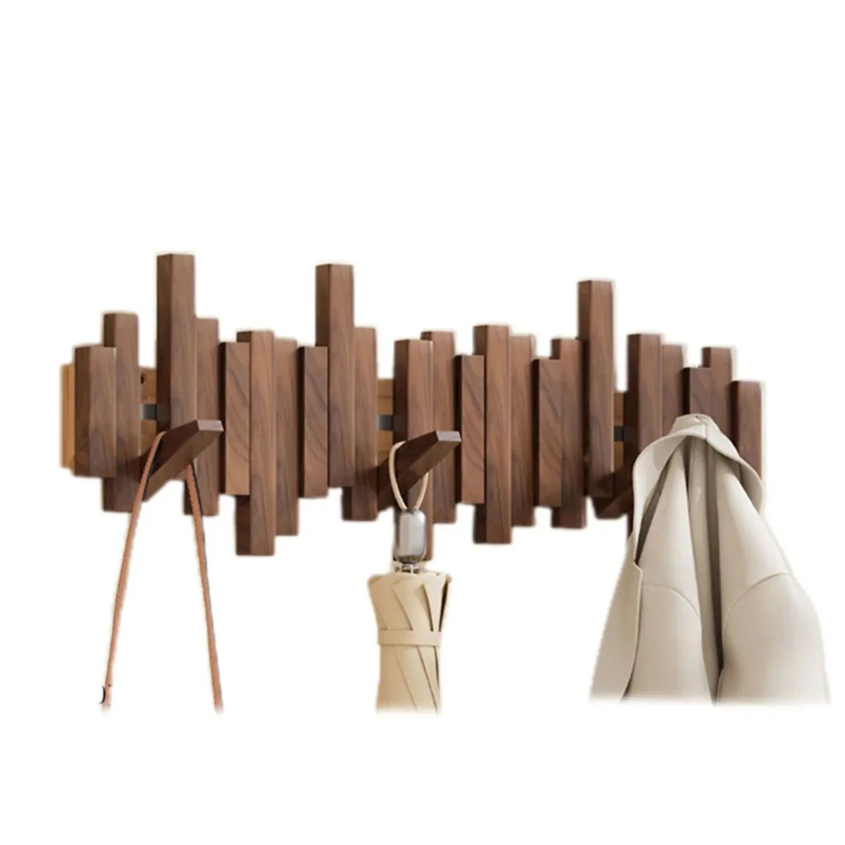 Elegant wooden coat hanger featuring a piano-style design, crafted from rich walnut and beech wood, designed for stylish hall organization. 1