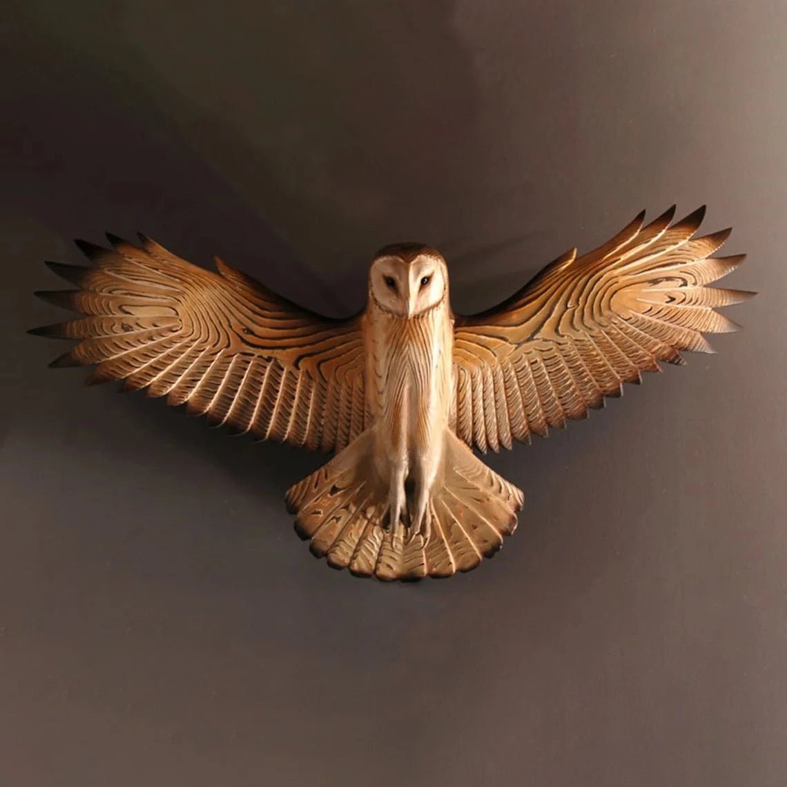Handcrafted wooden owl wall sculpture art, showcasing intricate details and natural wood finish, perfect for enhancing rustic and modern interior decor. 0
