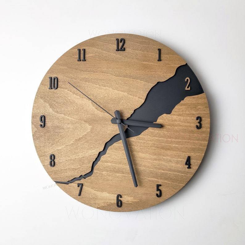 Wooden wall clock with a minimalist design, 30 cm in diameter, featuring rustic high-quality decor for a stylish home accent. 0