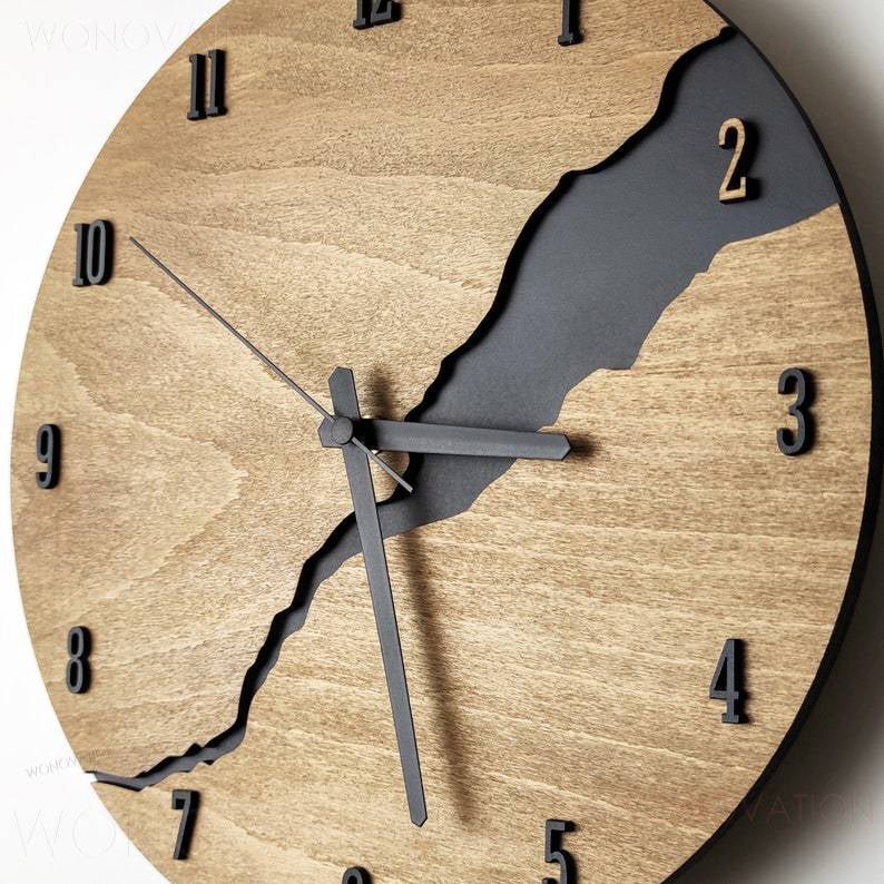 Wooden wall clock with a minimalist design, 30 cm in diameter, featuring rustic high-quality decor for a stylish home accent. 1