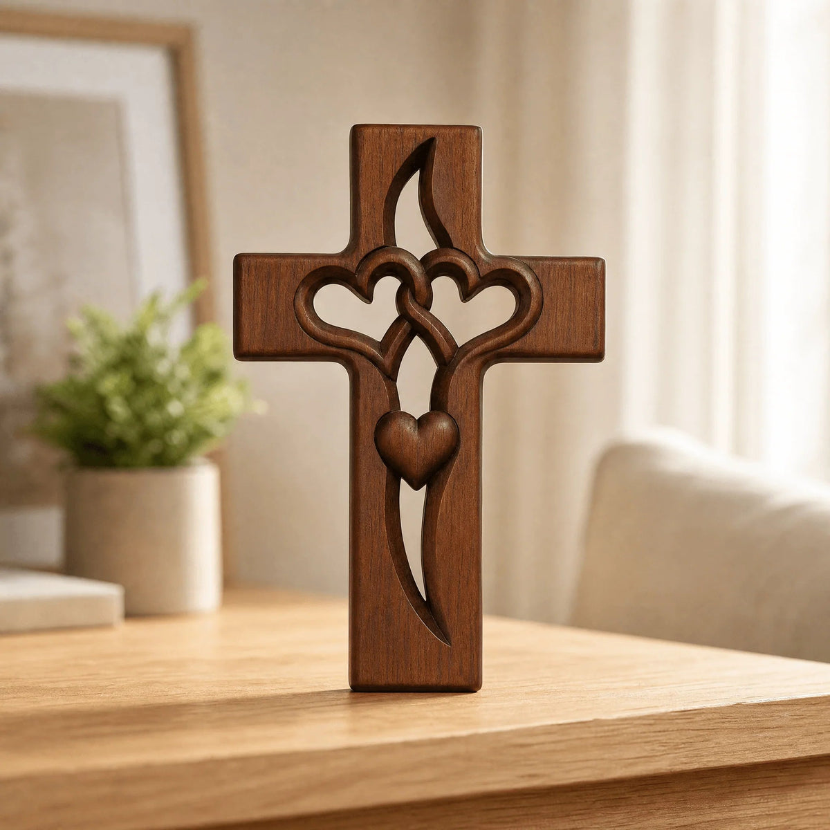 Intricate carved wooden wall cross featuring heart designs, perfect natural wood decor for entryway or living room, measuring 16cm x 25cm. 0