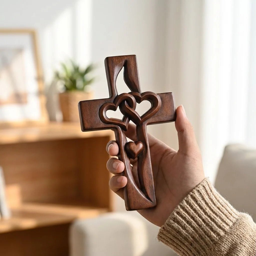 Intricate carved wooden wall cross featuring heart designs, perfect natural wood decor for entryway or living room, measuring 16cm x 25cm. 1