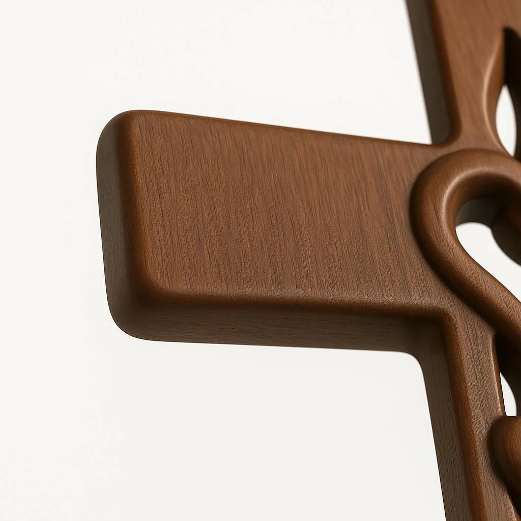 Intricate carved wooden wall cross featuring heart designs, perfect natural wood decor for entryway or living room, measuring 16cm x 25cm. 6