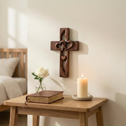 Intricate carved wooden wall cross featuring heart designs, perfect natural wood decor for entryway or living room, measuring 16cm x 25cm. 4
