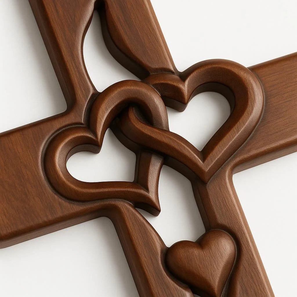 Intricate carved wooden wall cross featuring heart designs, perfect natural wood decor for entryway or living room, measuring 16cm x 25cm. 5