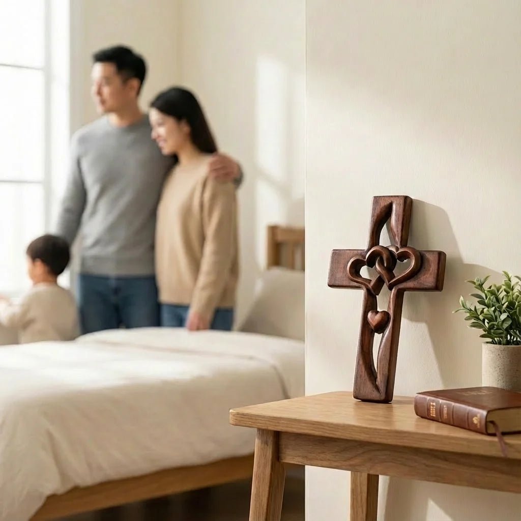 Intricate carved wooden wall cross featuring heart designs, perfect natural wood decor for entryway or living room, measuring 16cm x 25cm. 3