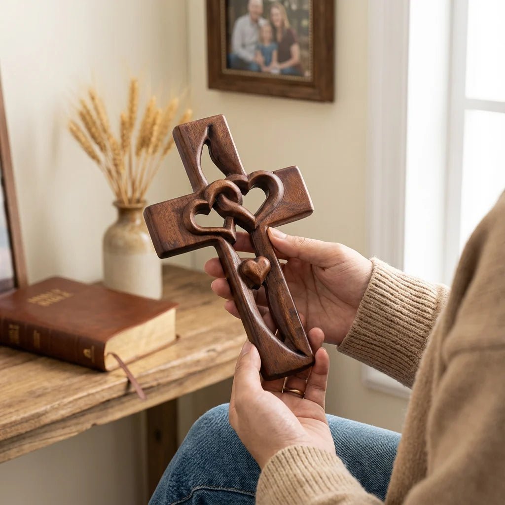 Intricate carved wooden wall cross featuring heart designs, perfect natural wood decor for entryway or living room, measuring 16cm x 25cm. 2