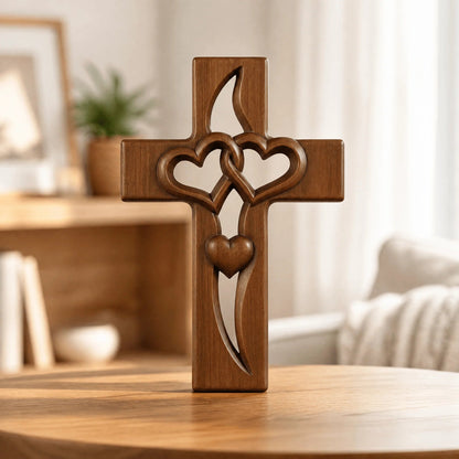 Intricate carved wooden wall cross featuring heart designs, perfect natural wood decor for entryway or living room, measuring 16cm x 25cm. 7