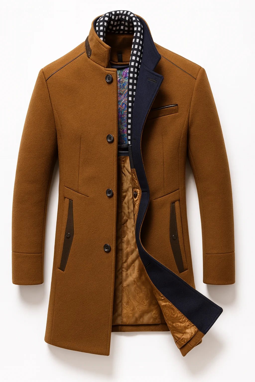 Wool blend overcoat for men with a modern tailored fit, featuring a wrinkle-resistant finish, perfect for stylish winter wear. 1
