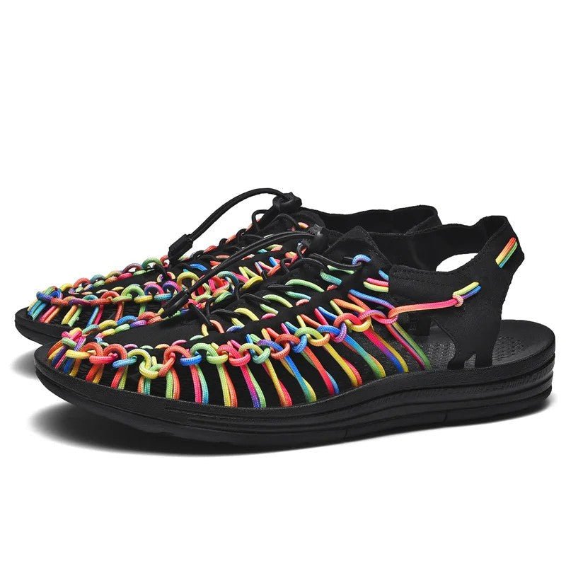 Woven beach sandals featuring a breathable design and lightweight flat sole, perfect for casual beachwear and summer outings. 9
