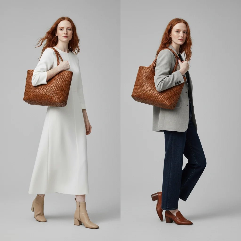 Woven leather tote bag featuring a spacious interior and comfortable handles, designed for everyday use with a timeless aesthetic. 1