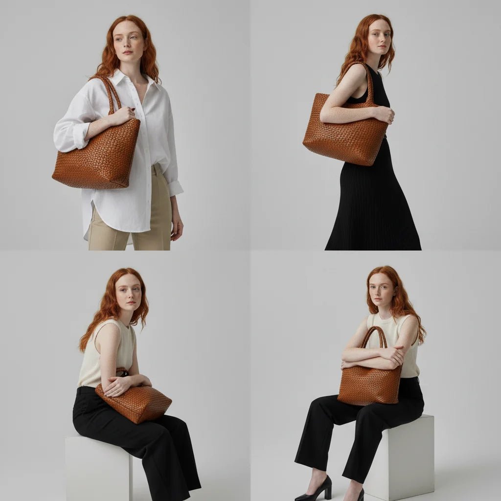 Woven leather tote bag featuring a spacious interior and comfortable handles, designed for everyday use with a timeless aesthetic. 2