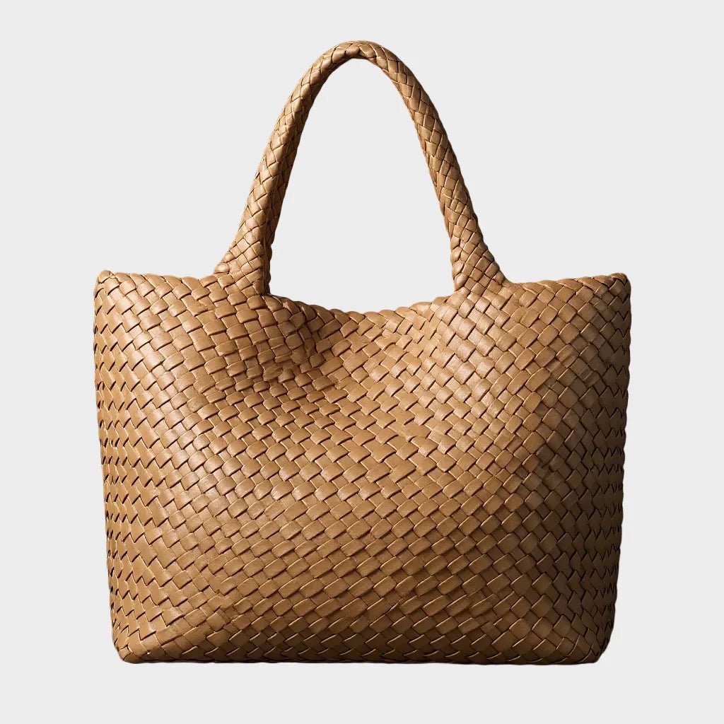 Woven leather tote bag featuring a spacious interior and comfortable handles, designed for everyday use with a timeless aesthetic. 4